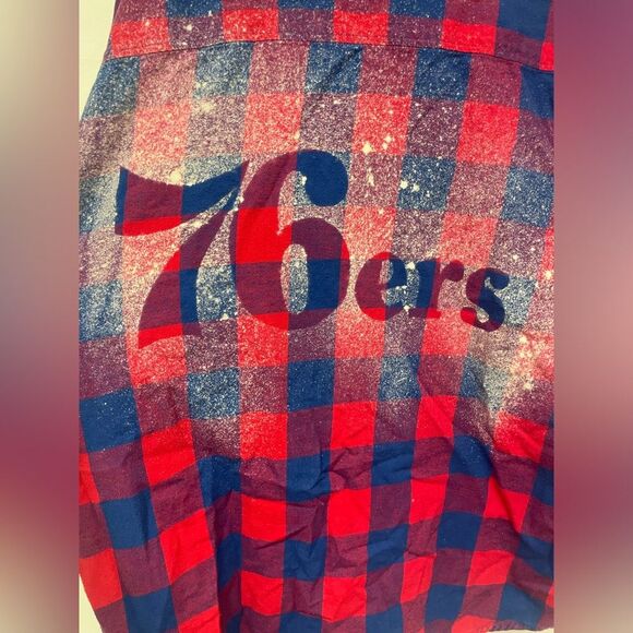 Bleached Red and Blue Plaid Philadelphia 76ers Logo and Patch Flannel - Picture 8 of 8